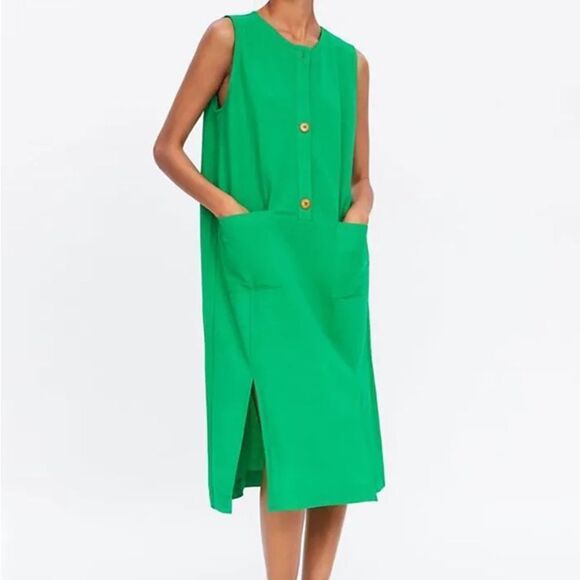 Zara Green Dress with Pockets and Slits Size S - Picture 1 of 8